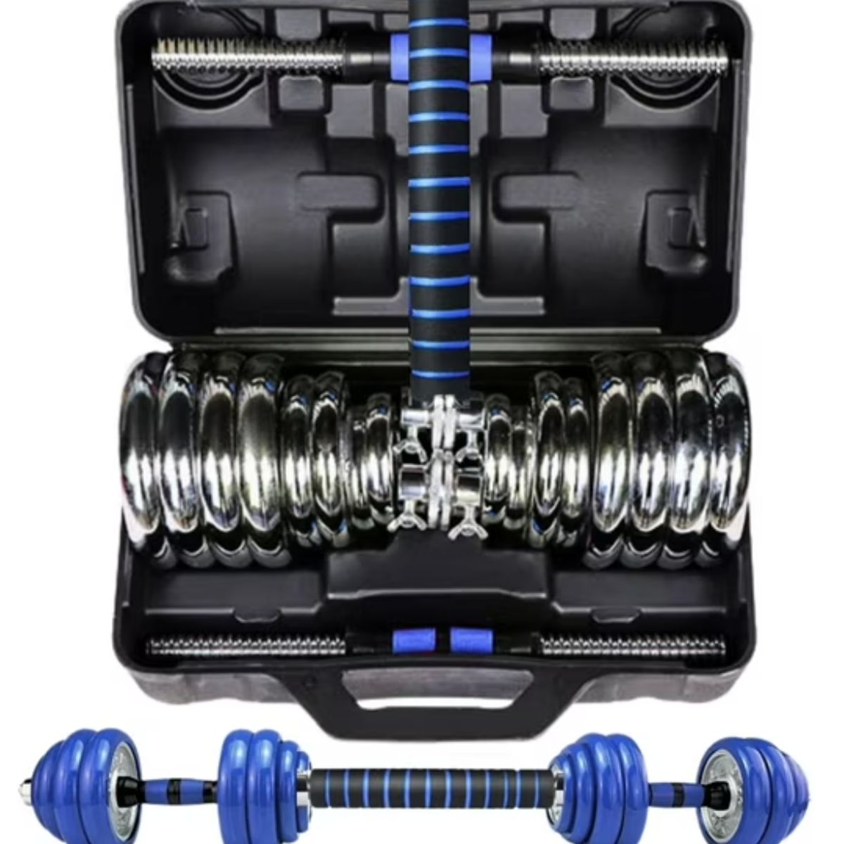 GENERICO - Set Mancuernas De Metal Cromadas 30 Kg Con Barra azul
