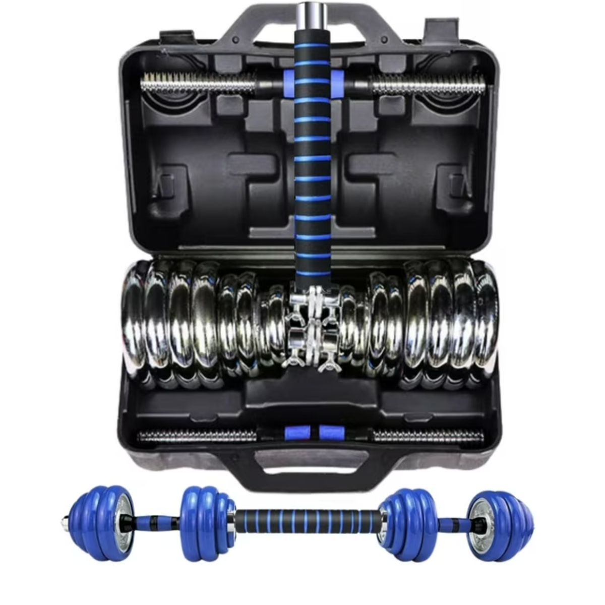 GENERICO - Set Mancuernas De Metal Cromadas 30 Kg Con Barra azul