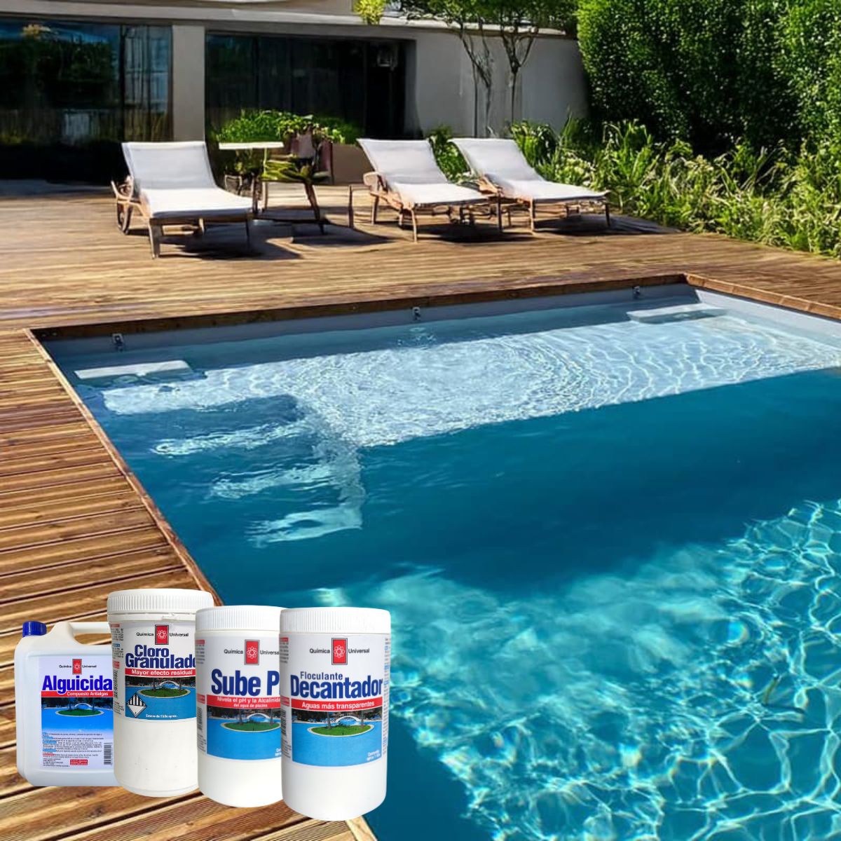 QUIMICA UNIVERSAL - Kit Mantenimiento Basico Piscina Quimica Universal Decantador + Alguicida + Sube pH + Cloro Granulado