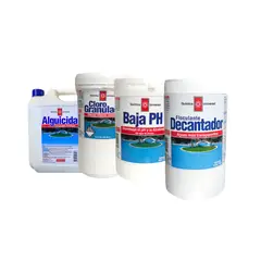 QUIMICA UNIVERSAL - Kit Mantenimiento Basico Piscina Decantador + Alguicida + Baja pH + Cloro Granulado