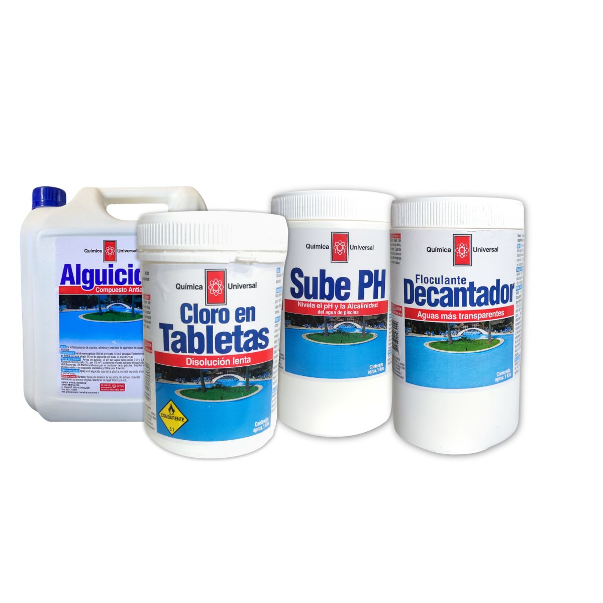 QUIMICA UNIVERSAL - Kit Mantenimiento Continuo Piscina Quimica Universa Decantador + Alguicida + Sube pH + Cloro en Tableta
