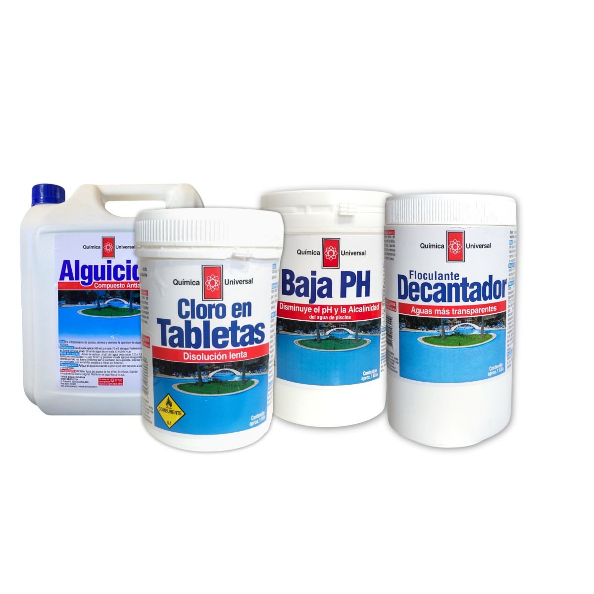 QUIMICA UNIVERSAL - Kit Mantenimiento Continuo Piscina Quimica Universal Decantador + Alguicida + Baja pH + Cloro en Tableta
