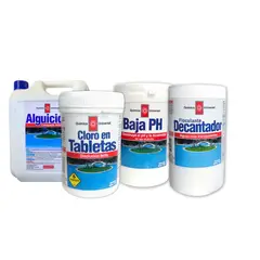 QUIMICA UNIVERSAL - Kit Mantenimiento Continuo Piscina Decantador + Alguicida + Baja pH + Cloro en Tableta