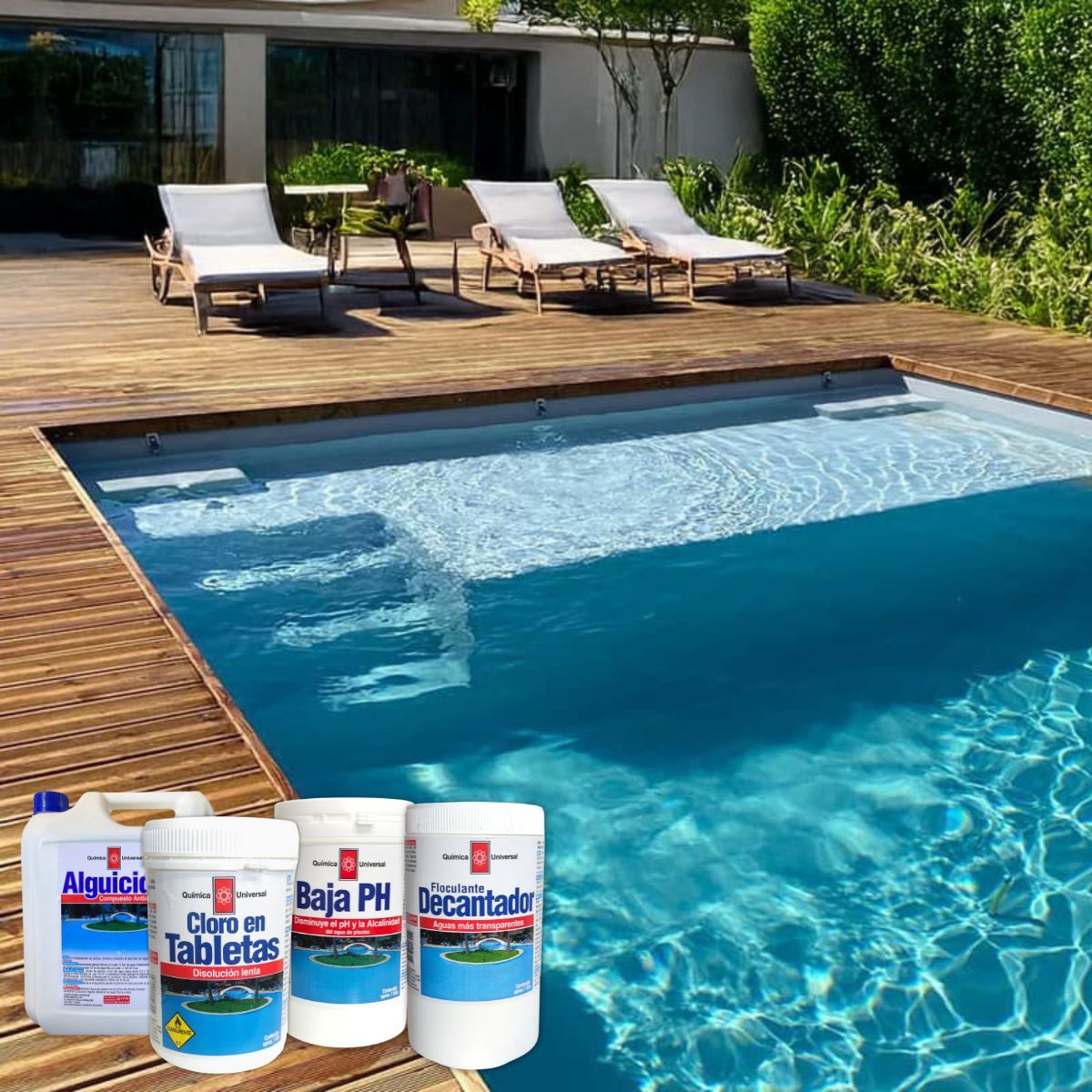 QUIMICA UNIVERSAL - Kit Mantenimiento Continuo Piscina Quimica Universal Decantador + Alguicida + Baja pH + Cloro en Tableta