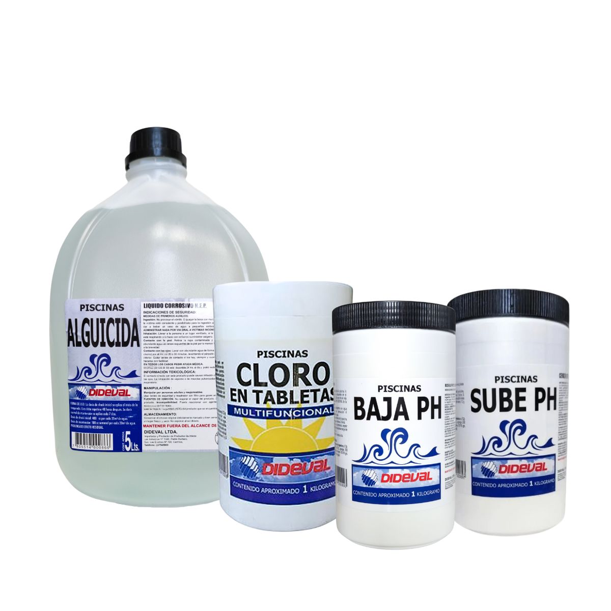DIDEVAL - Kit Mantenimiento Piscina Balance y Desinfeccion Dideval Alguicida + Cloro Triple A + Sube pH + Baja pH