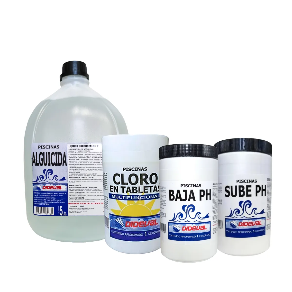 DIDEVAL - Kit Mantenimiento Piscina Balance y Desinfeccion Dideval Alguicida + Cloro Triple A + Sube pH + Baja pH