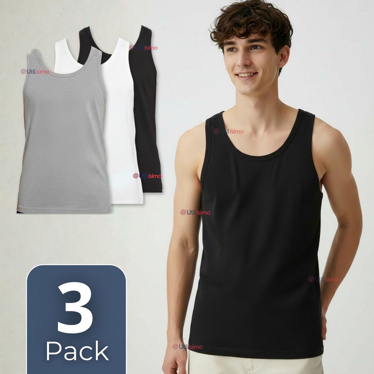 UTILISIMO - Pack 3 Camisetas Sin Manga Básica Suave 100% Algodón Colores Surtidos Hombre
