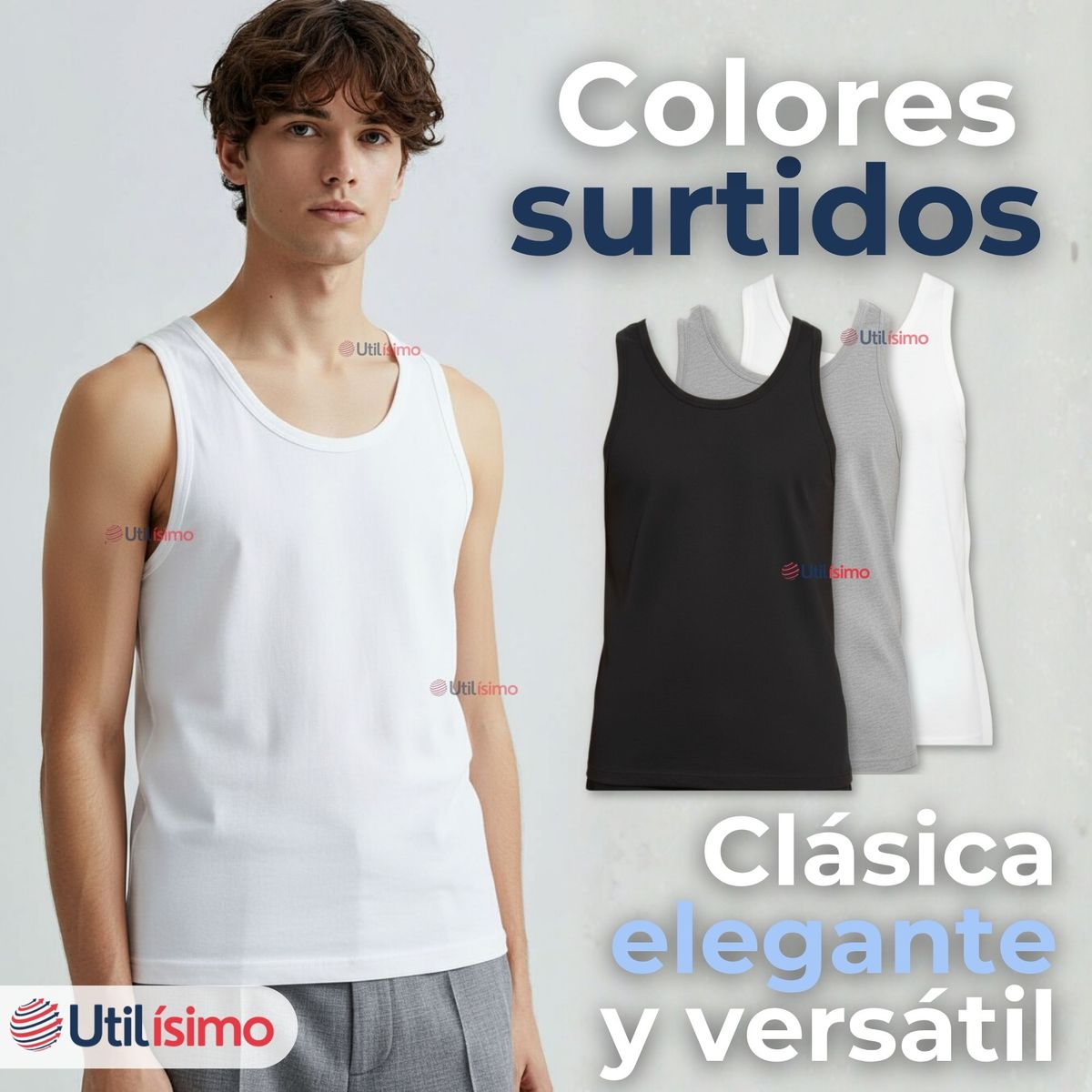 UTILISIMO - Pack 6 Camisetas Sin Manga Básica Suave 100% Algodón Colores Surtidos Hombre