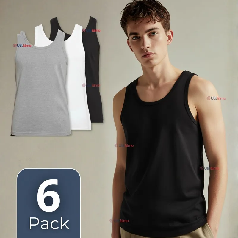 UTILISIMO - Pack 6 Camisetas Sin Manga Básica Suave 100% Algodón Colores Surtidos Hombre