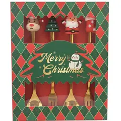 WAKESHOME - Set 4 Cubiertos Navideños Cuchara Y Tenedor Decoración Mesa Surtido