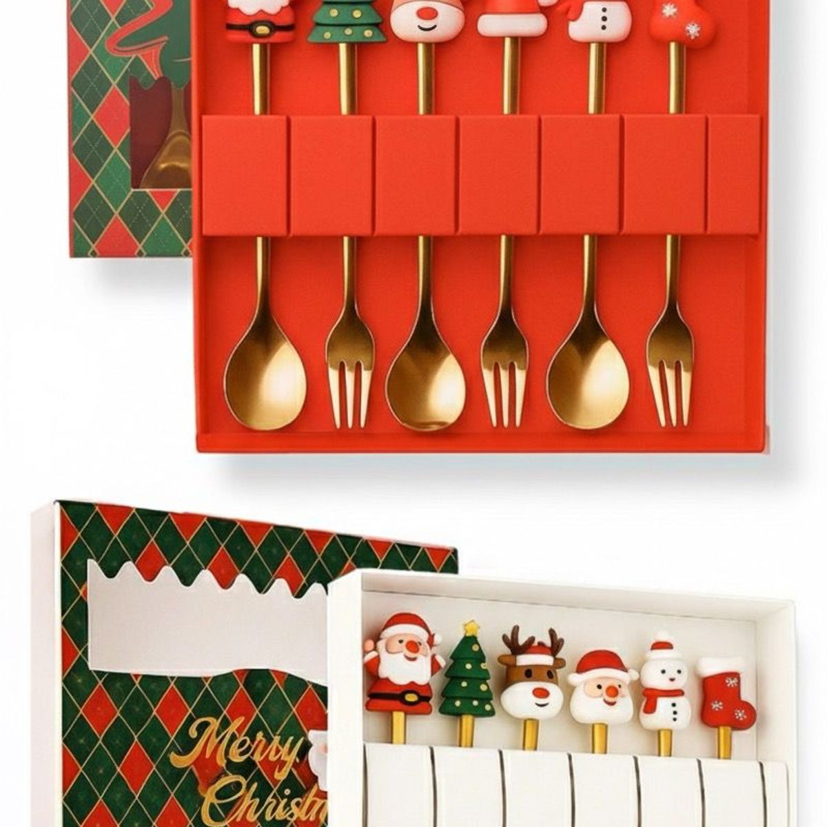 WAKESHOME - Decoración Navideña Set 6 Cubiertos Mesa Cuchara Y Tenedor Surtido