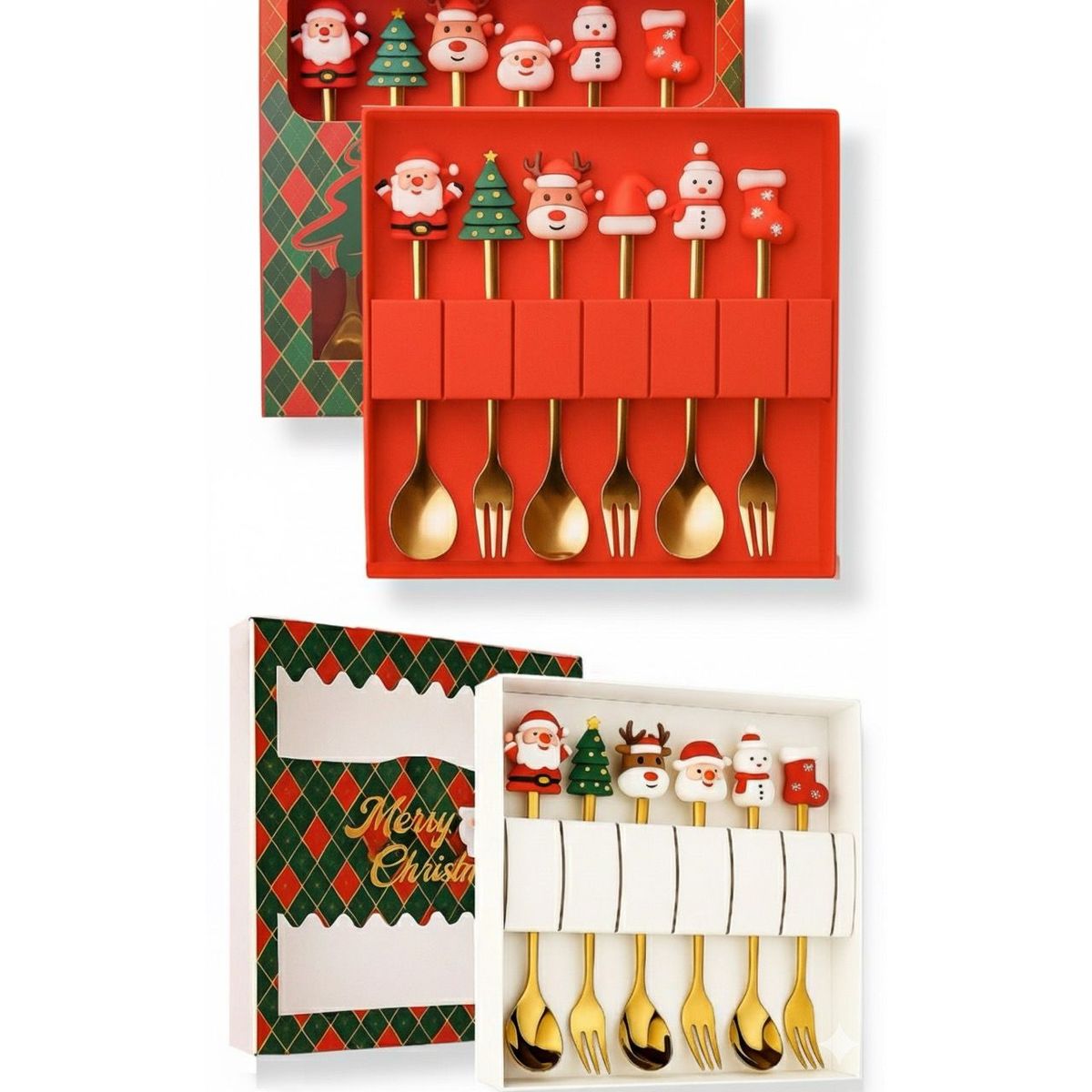 WAKESHOME - Decoración Navideña Set 6 Cubiertos Mesa Cuchara Y Tenedor Surtido