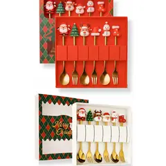 WAKESHOME - Decoración Navideña Set 6 Cubiertos Mesa Cuchara Y Tenedor Surtido