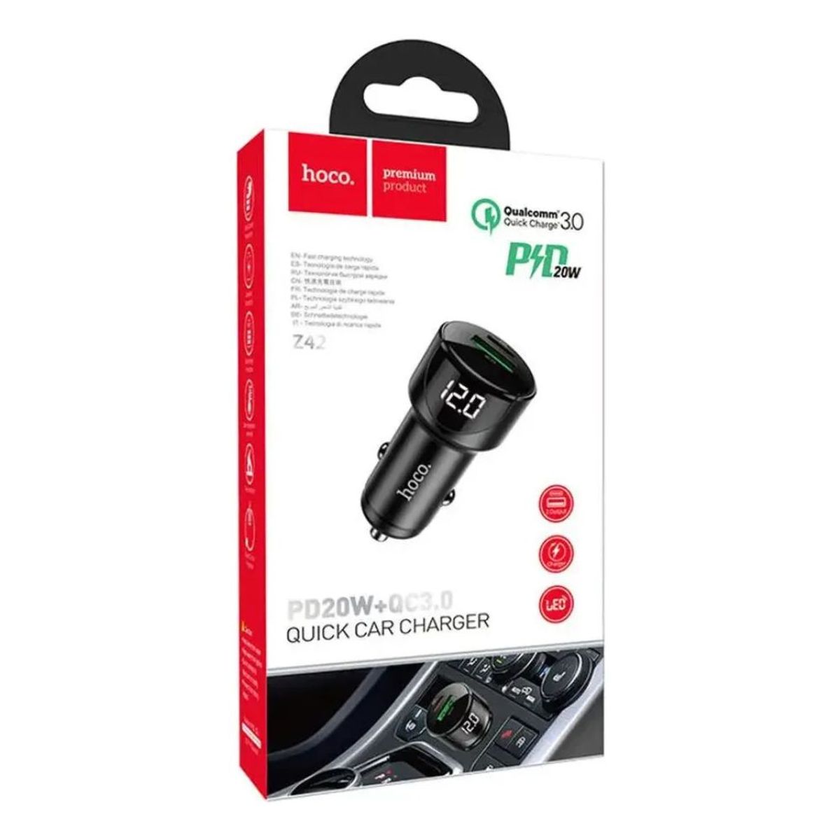 HOCO - Cargador De Auto Qc30 18w + Pd 20w Con Led Digital Hoco