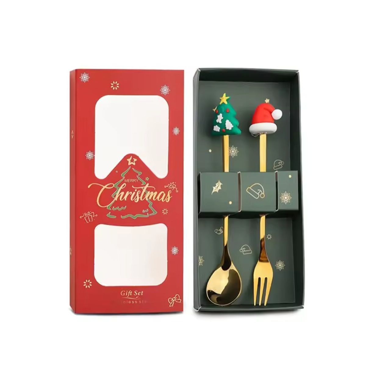 WAKESHOME - 2 Cubiertos Navideños Cuchara Y Tenedor Para Decoración Mesa