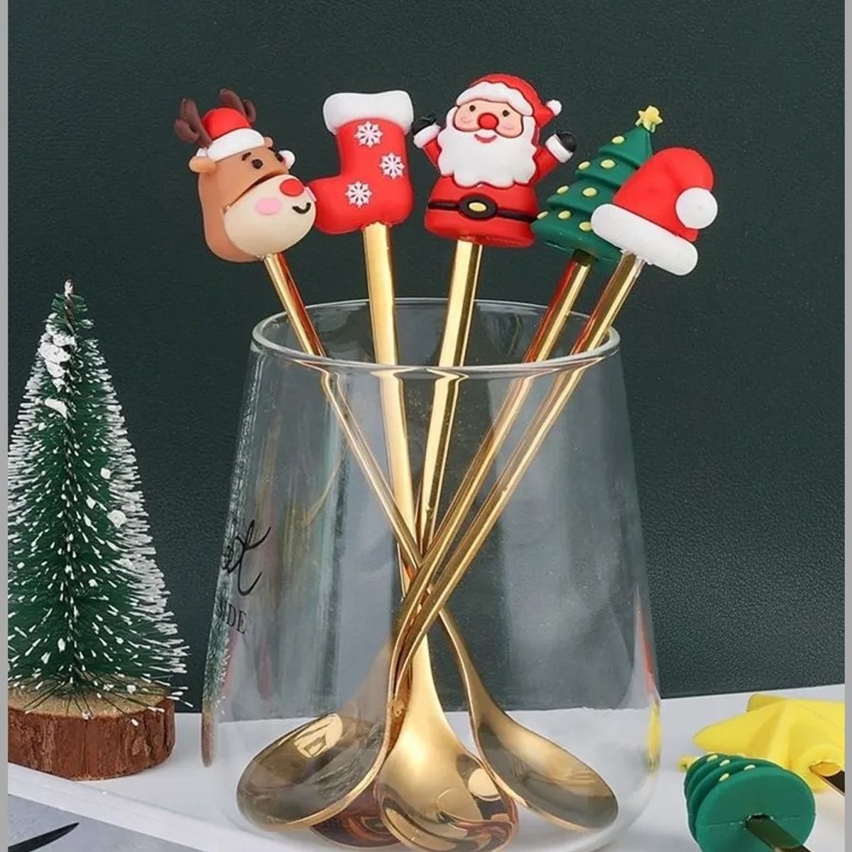 WAKESHOME - 2 Cubiertos Navideños Cuchara Y Tenedor Para Decoración Mesa