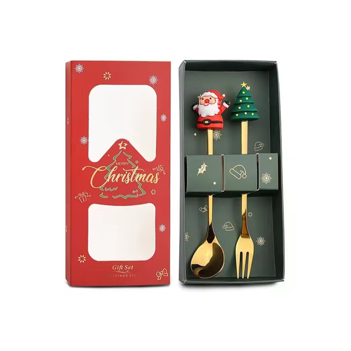 WAKESHOME - 2 Cubiertos Navideños Cuchara Y Tenedor Para Decoración Mesa