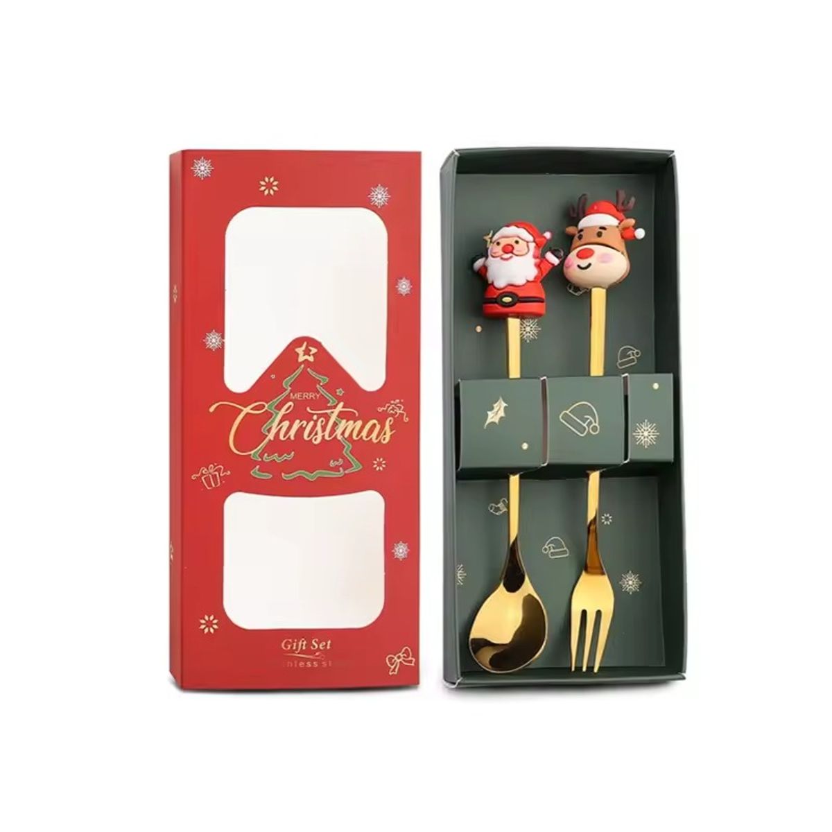 WAKESHOME - 2 Cubiertos Navideños Cuchara Y Tenedor Para Decoración Mesa