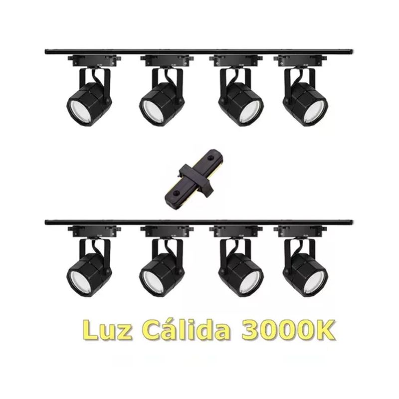 GENERICO - Lámpara Riel 8 Focos Hexagonal Luz Cálida 2mt Unión Negro
