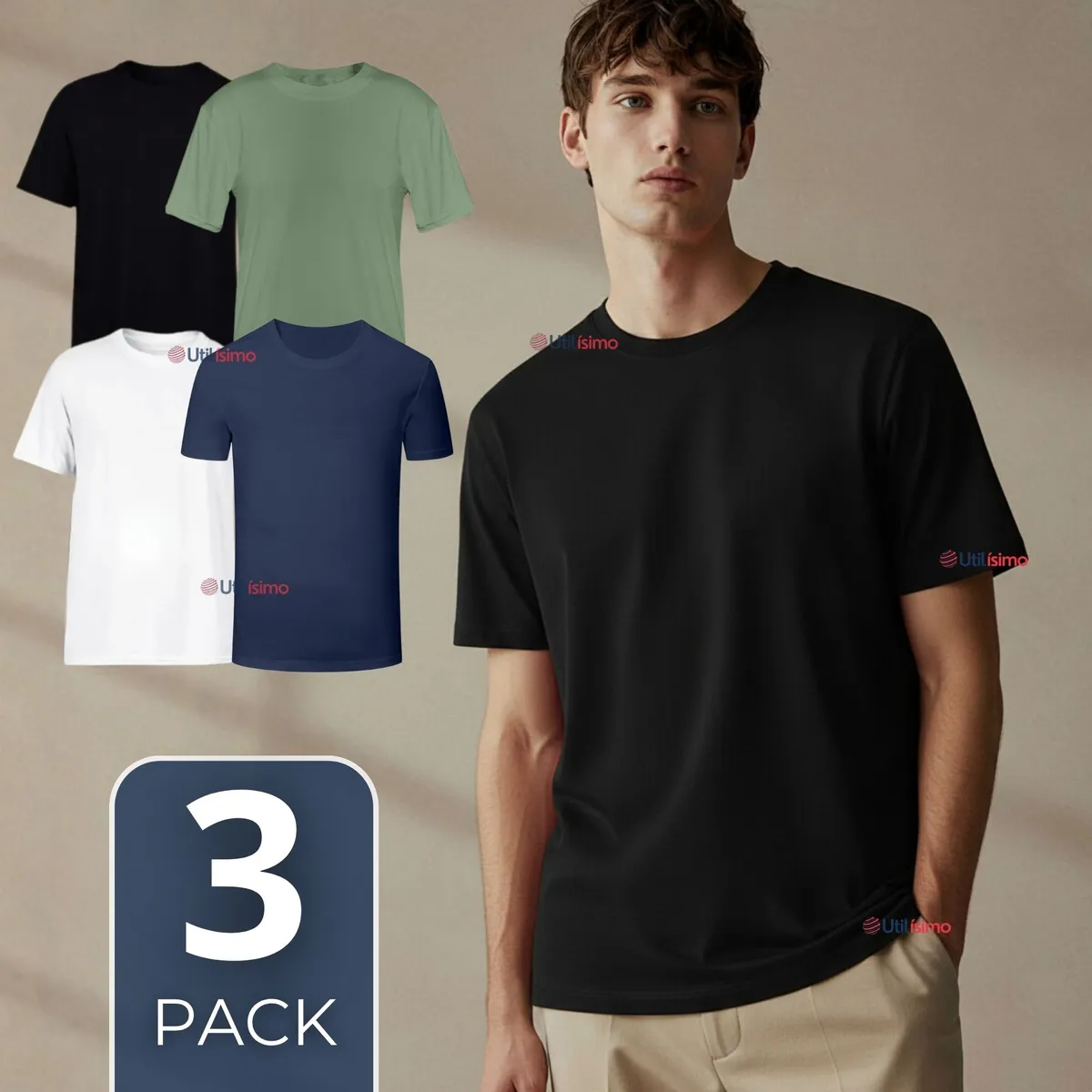 UTILISIMO - Pack 3 Camisetas Polera 100% Bambú Básica Lisa Elástica Hombre Colores Surtidos