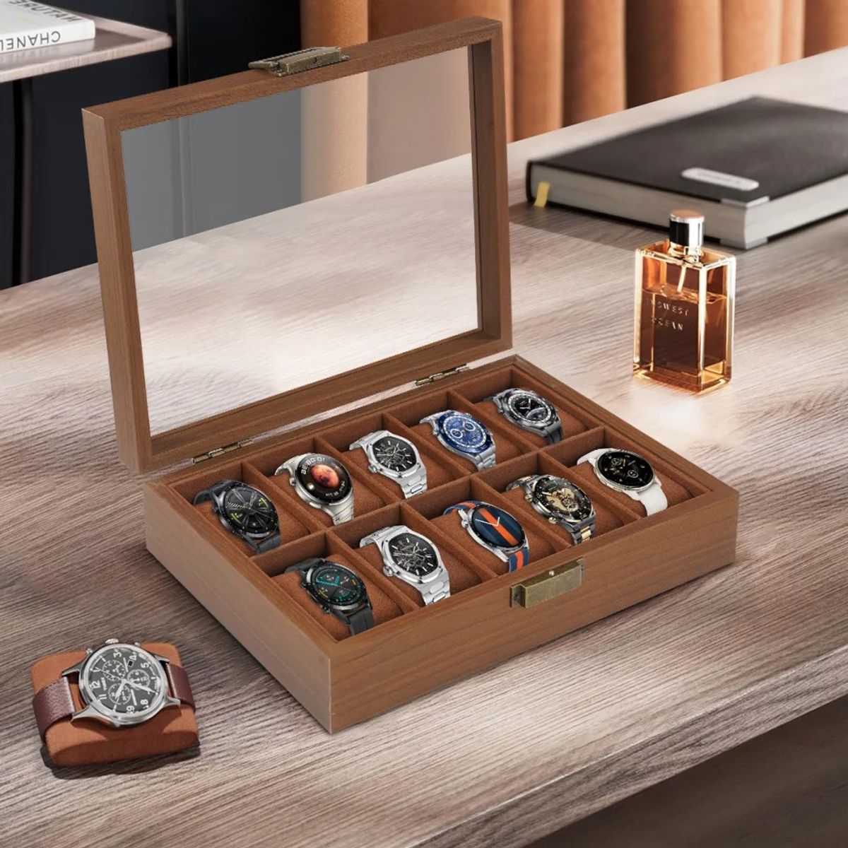 MUNDO MAGIA - Caja Para Relojes Y Alhajero Con 10 Compartimentos En Nogal