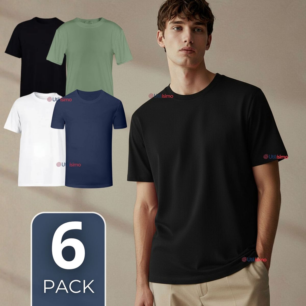 UTILISIMO - Pack 6 Camisetas Polera 100% Bambú Básica Lisa Elástica Hombre Colores Surtidos