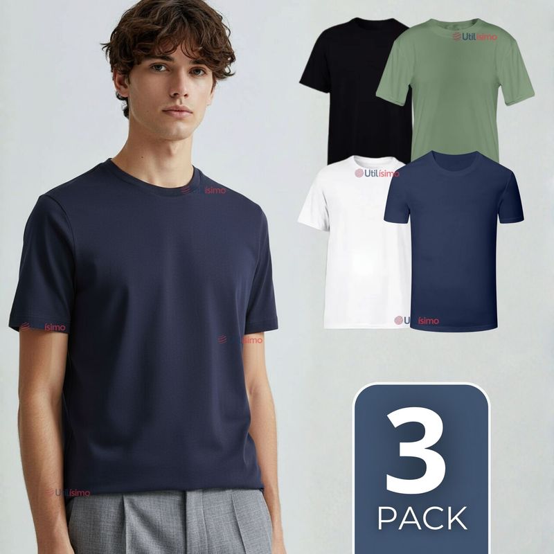 UTILISIMO - Pack 3 Camisetas Polera 100% Bambú Básica Lisa Elástica Hombre Colores Surtidos