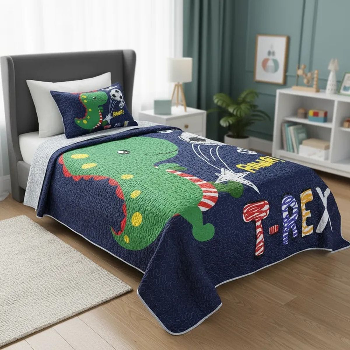 GENERICO - CUBRECAMA DE NIÑO AZUL DINO SOCCER T-REX  ALGODON QUILT VERANO DIANA