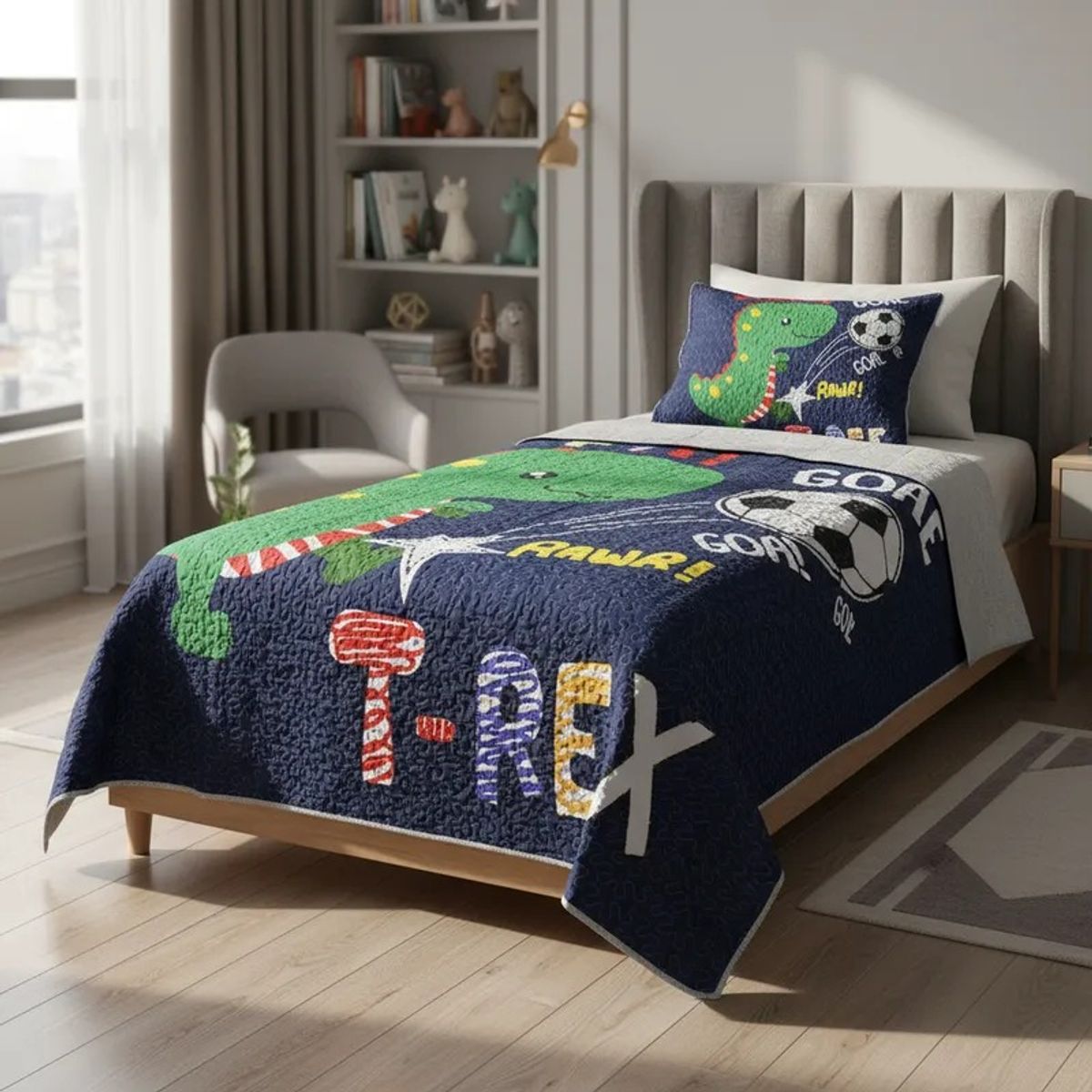 GENERICO - CUBRECAMA DE NIÑO AZUL DINO SOCCER T-REX  ALGODON QUILT VERANO DIANA