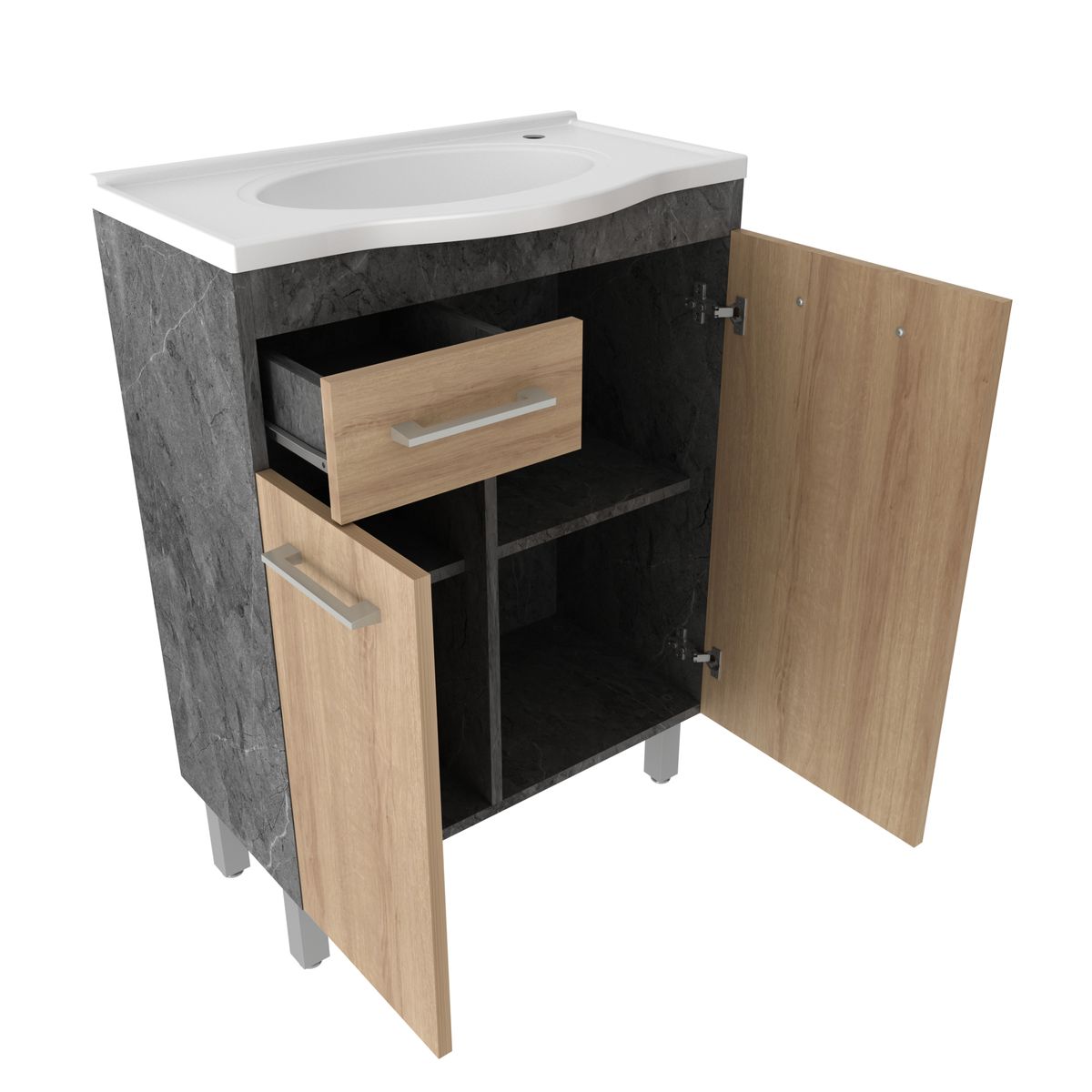 TECNOMOBILI - Mueble de Baño 2 Puertas 1 Cajón con Lavamanos MARMOL LUNAR-ALMENDRA 60x84.3x35 cm