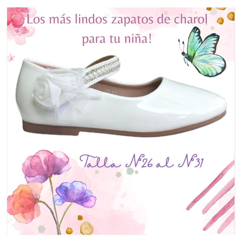 COMPRAPO - Zapato Calzado Princesa Niña con Rositas y Brillos Charol Blanco