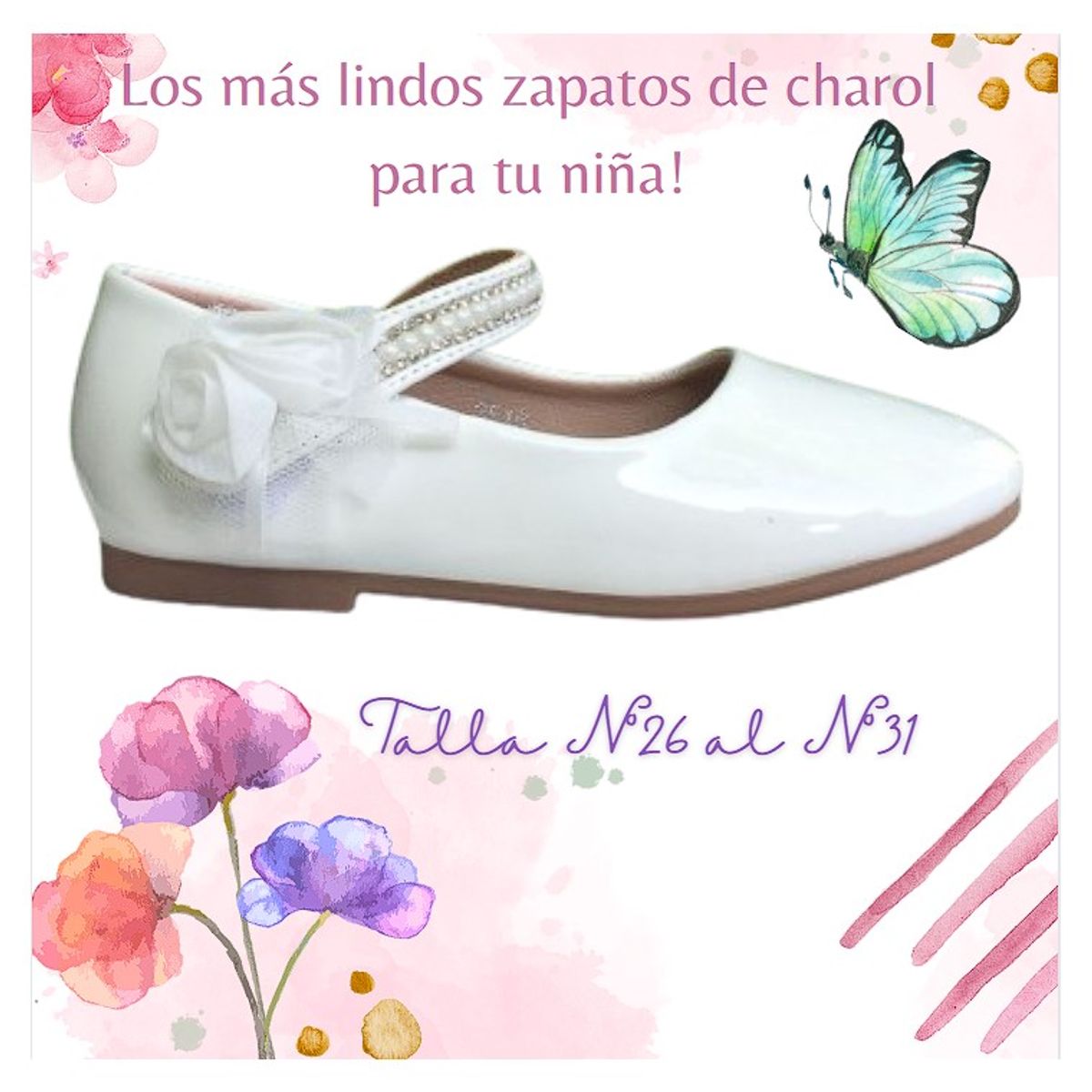 COMPRAPO - Zapato Calzado Princesa Niña con Rositas y Brillos Charol Blanco