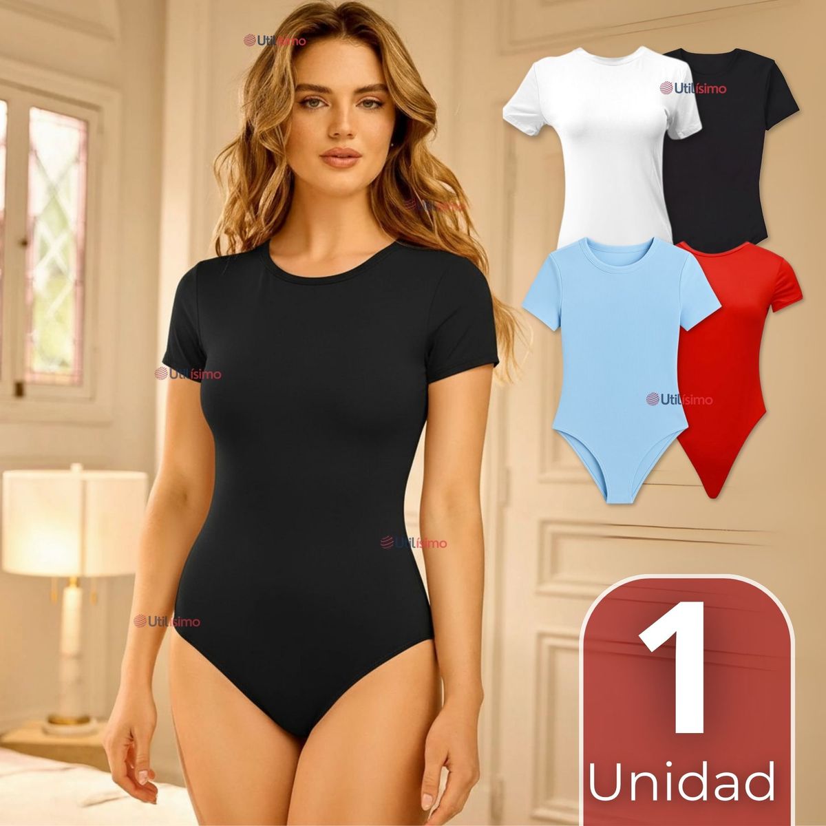 UTILISIMO - Body Ajustable Moldeador 100% Bambú Cuello Redondo Manga Corta Mujer Colores Surtidos
