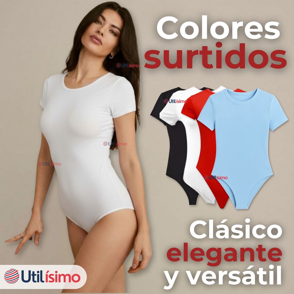 UTILISIMO - Body Ajustable Moldeador 100% Bambú Cuello Redondo Manga Corta Mujer Colores Surtidos