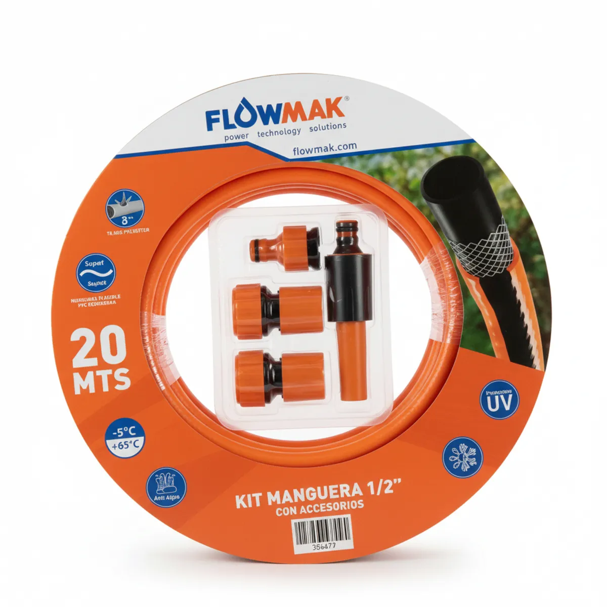 FLOWMAK - Kit Manguera Jardin 1/2" 20 mts con Accesorios Flowmak