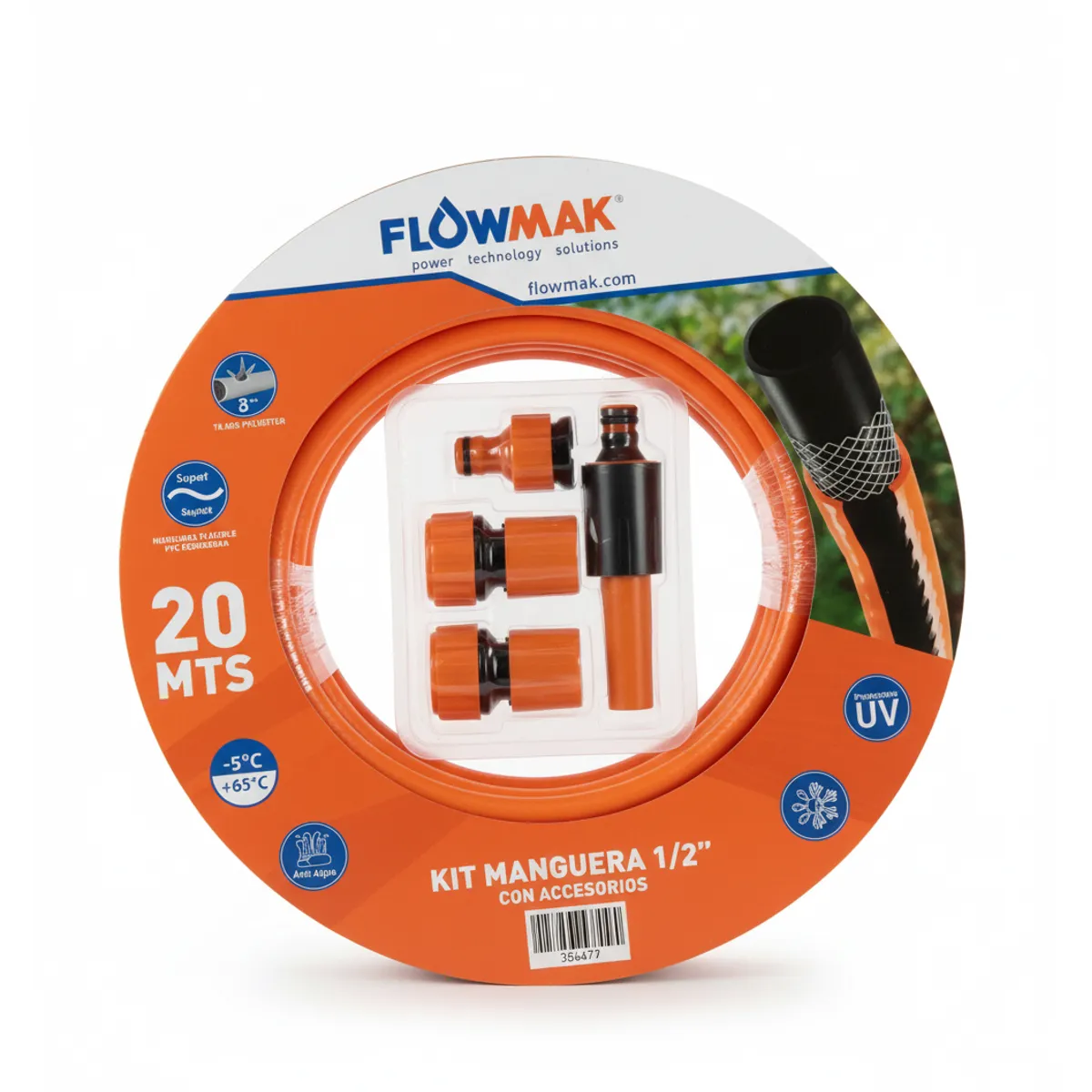 FLOWMAK - Kit Manguera Jardin 1/2" 20 mts con Accesorios Flowmak