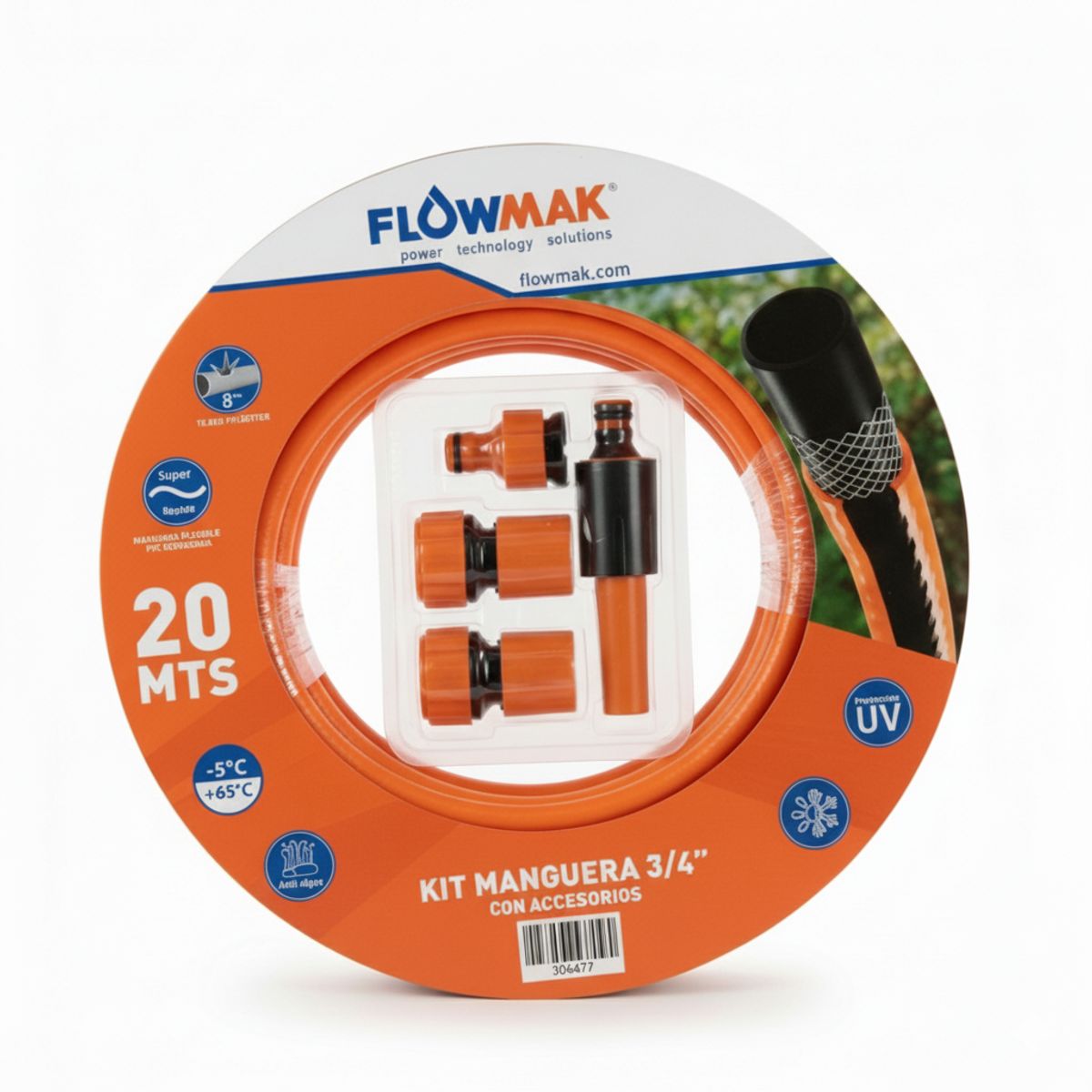 FLOWMAK - Kit Manguera Jardin 3/4" 20 mts con Accesorios Flowmak