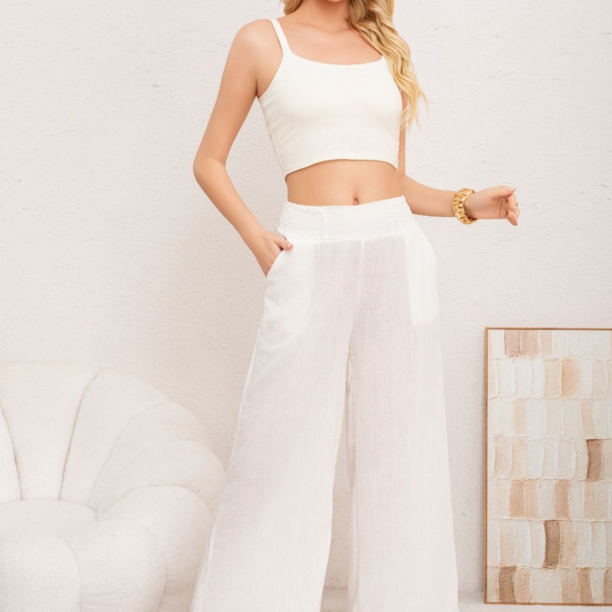 LOOK SHOP - Pantalón Lino Mujer Recto Palazzo Algodón Cintura Elasticada 011