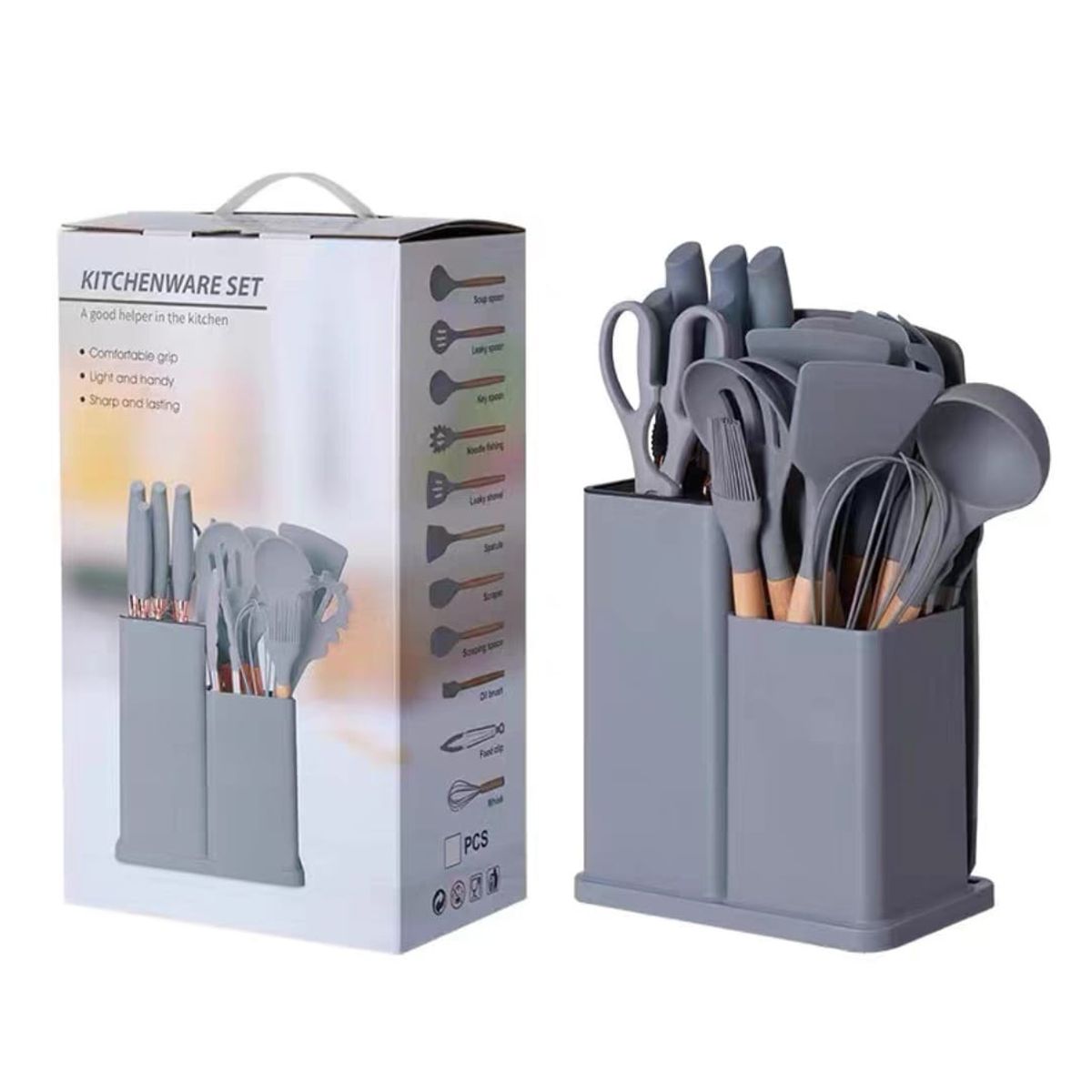 GENERICO - UTENSILIOS DE COCINA DE SILICONA SET DE 19 PIEZAS COLOR GRIS GS