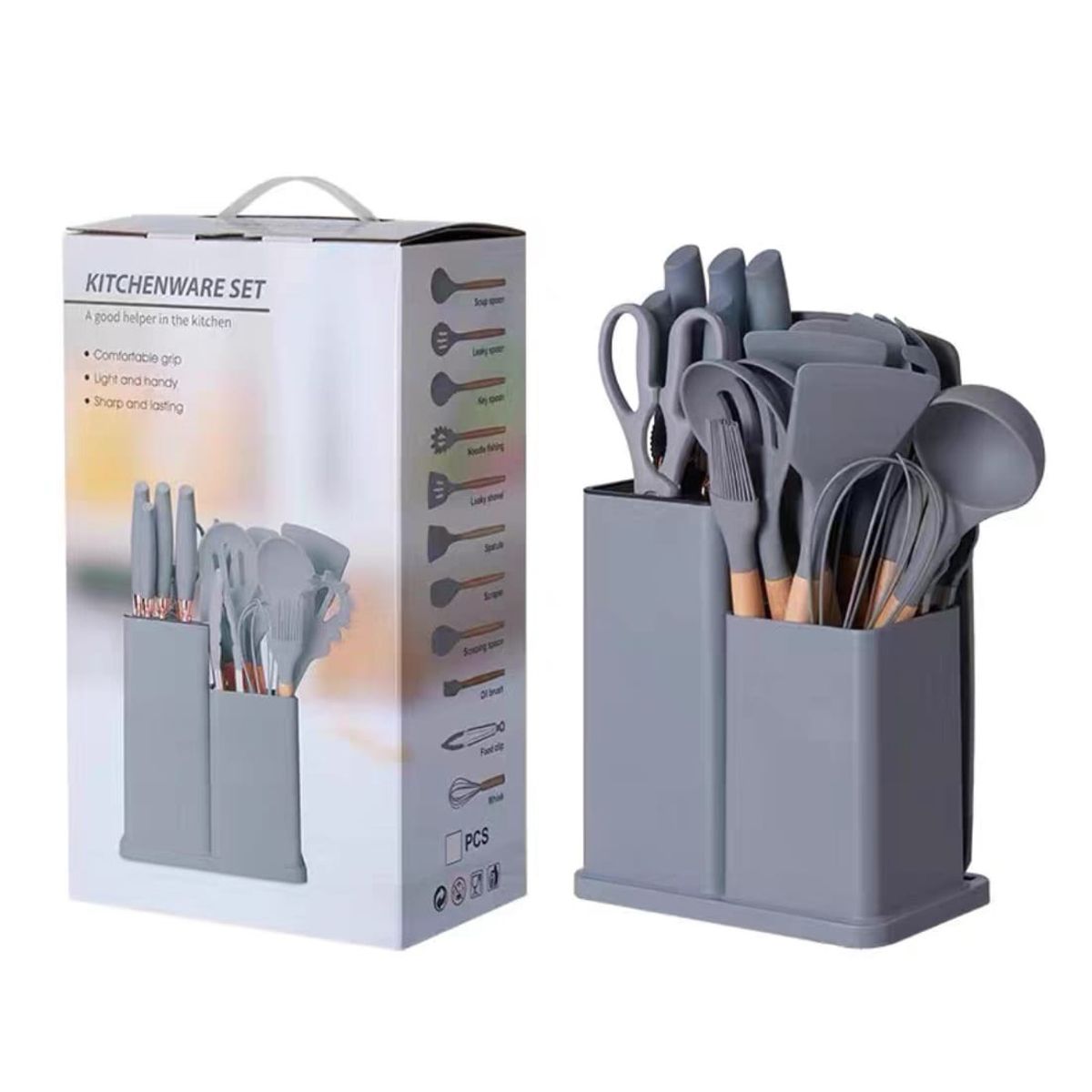 GENERICO - UTENSILIOS DE COCINA DE SILICONA SET DE 19 PIEZAS COLOR GRIS GS