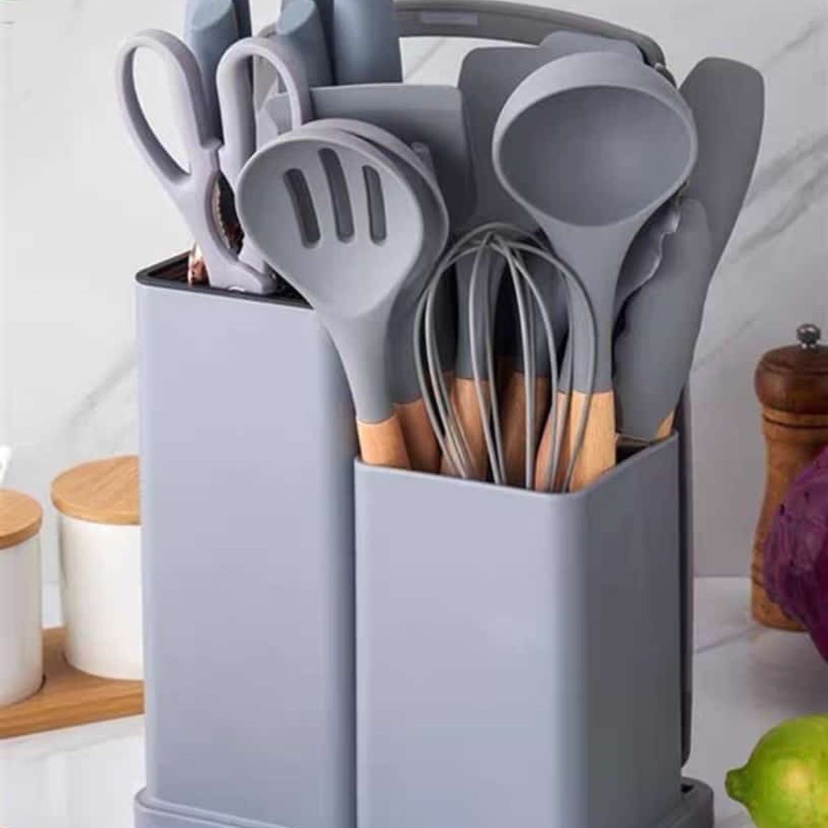 GENERICO - UTENSILIOS DE COCINA DE SILICONA SET DE 19 PIEZAS COLOR GRIS GS