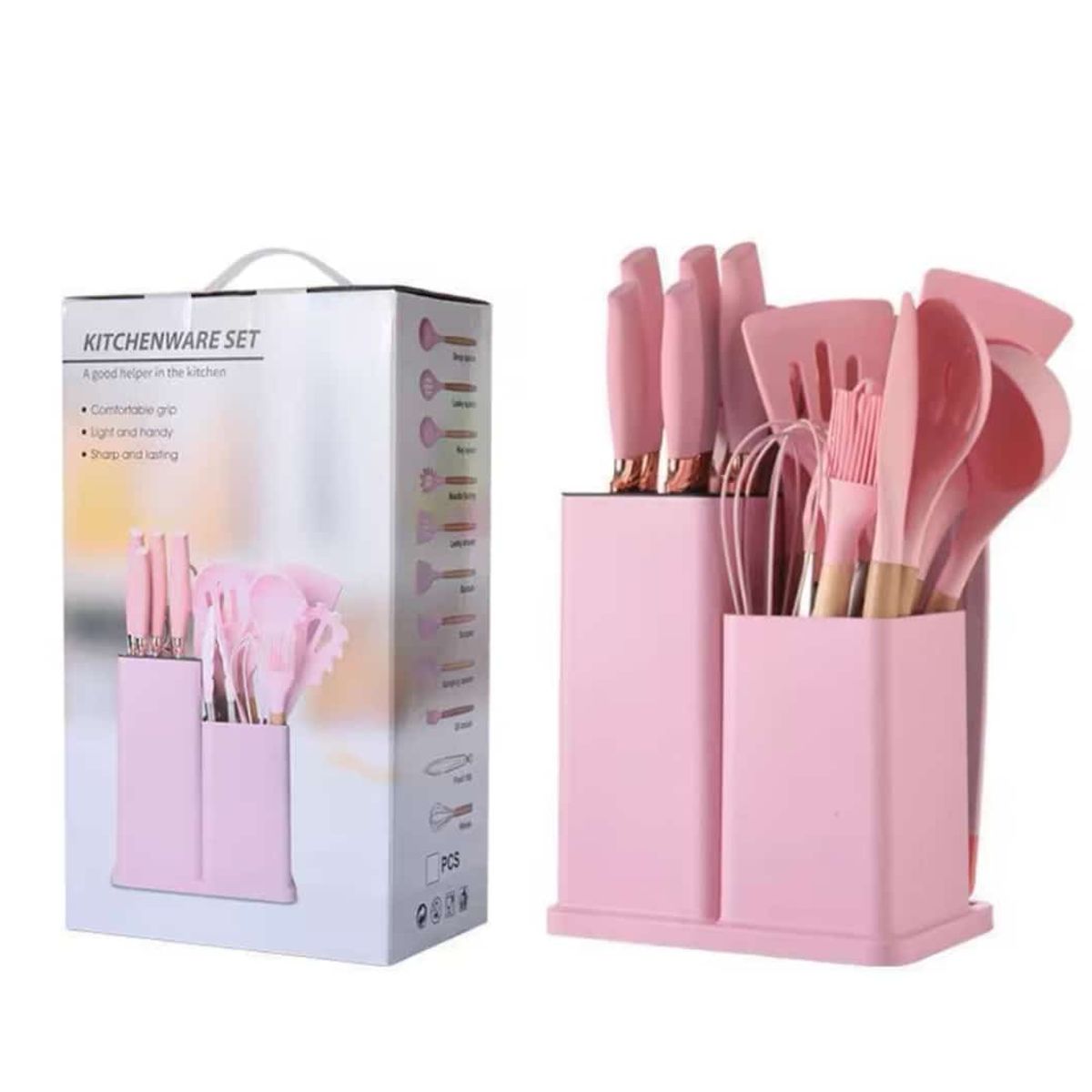 GENERICO - UTENSILIOS DE COCINA DE SILICONA SET DE 19 PIEZAS COLOR ROSADO GS