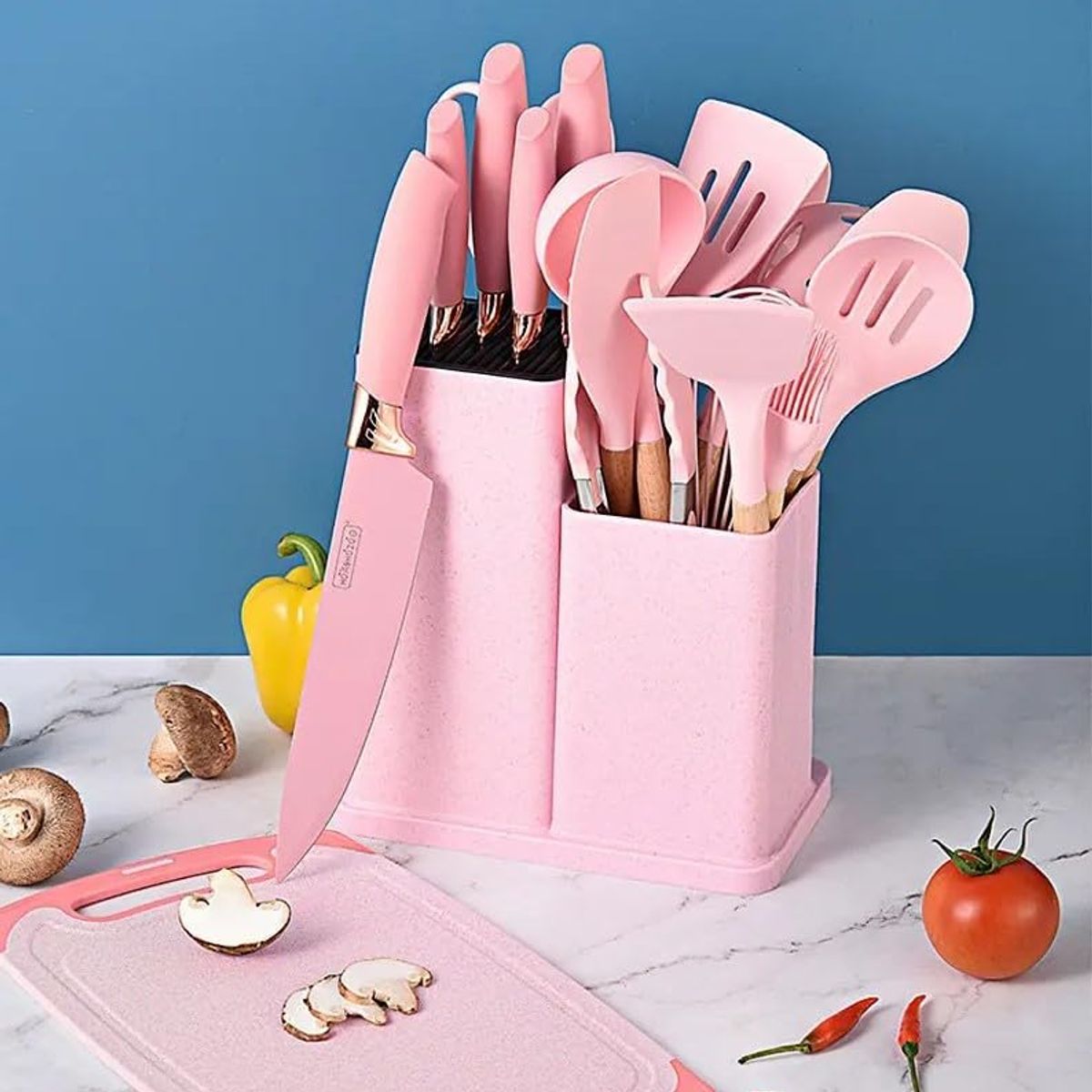 GENERICO - UTENSILIOS DE COCINA DE SILICONA SET DE 19 PIEZAS COLOR ROSADO GS
