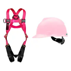 METALFER - Arnes De Seguridad 3 Argollas Estandar Ajustable Rosa + Casco Rosa