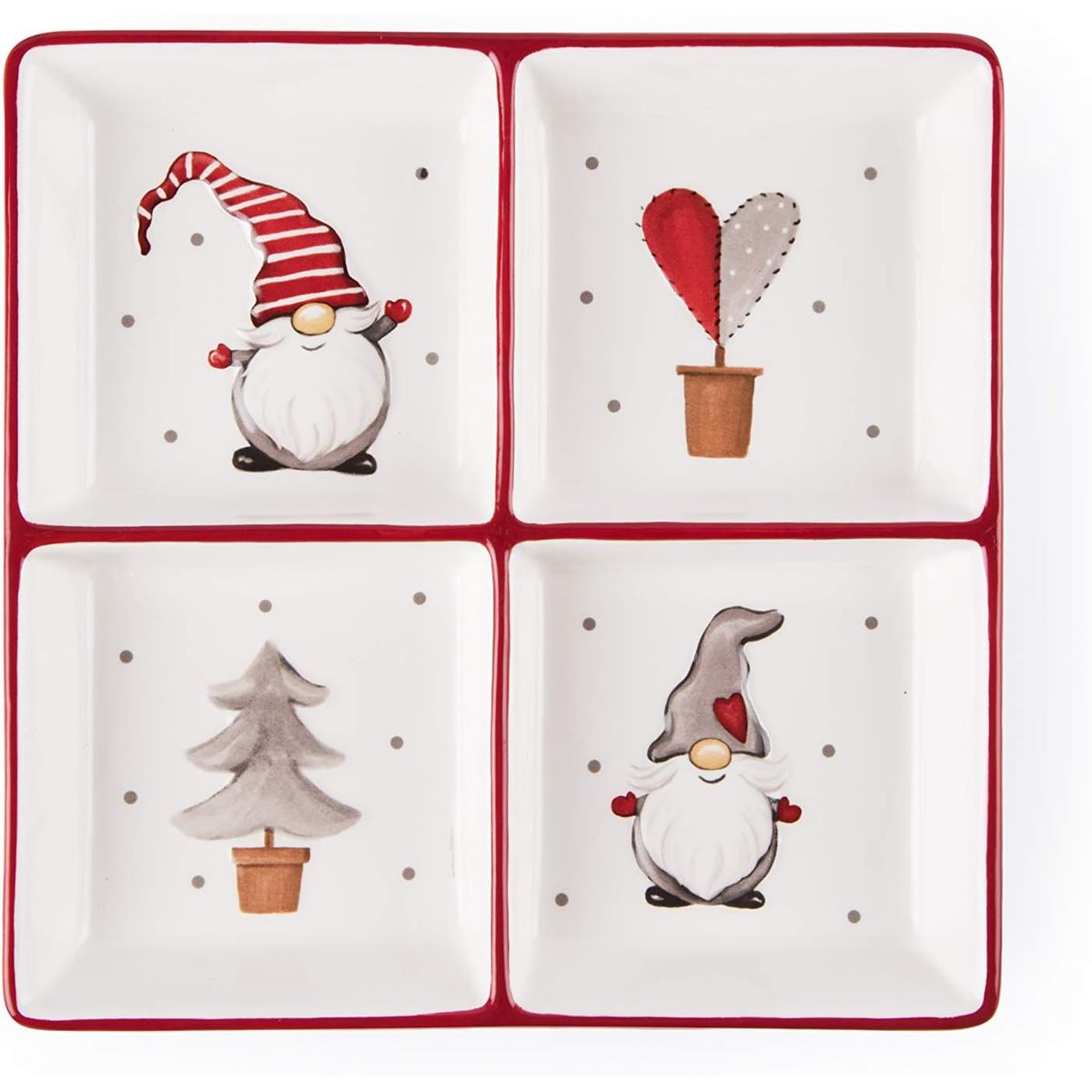 WAKESHOME - Plato Aperitivo Navideño 4 Compartimentos Gnomos Cerámica 19 Gnomo