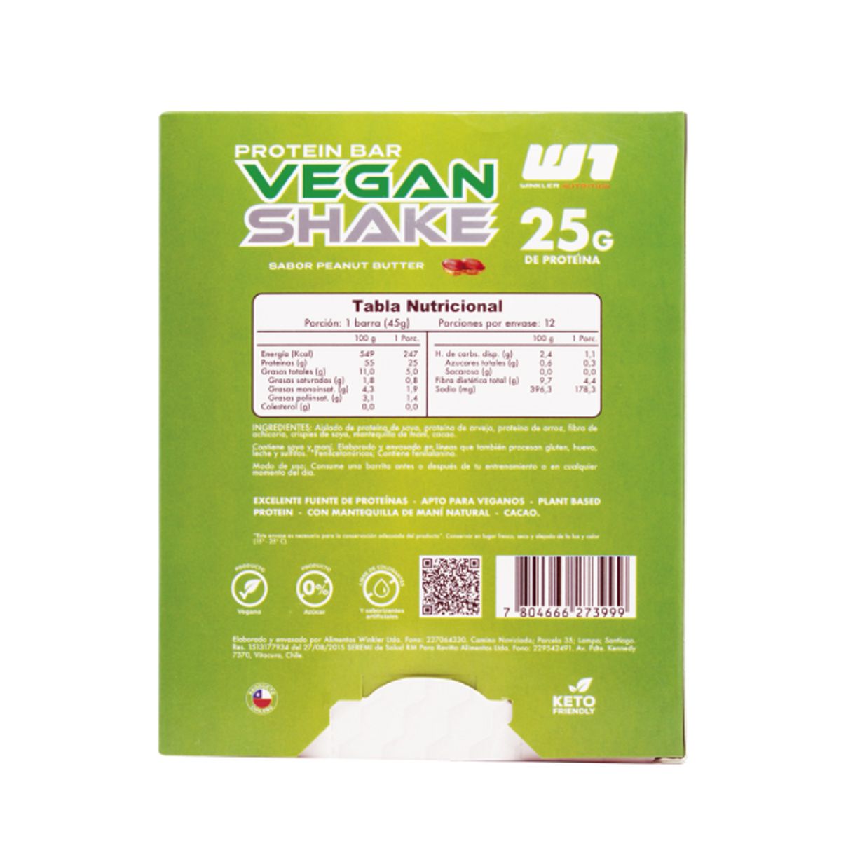 WINKLER NUTRITION - Pack 12 Barrita Vegana Vegan Shake Protein Bar 45 Grs.