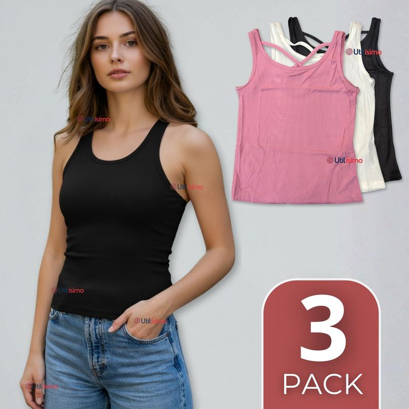 UTILISIMO - Pack 3 Camisetas Poleras 100% Algodón Básicas Lisa Con Espalda Cruzada Mujer Colores Surtidos