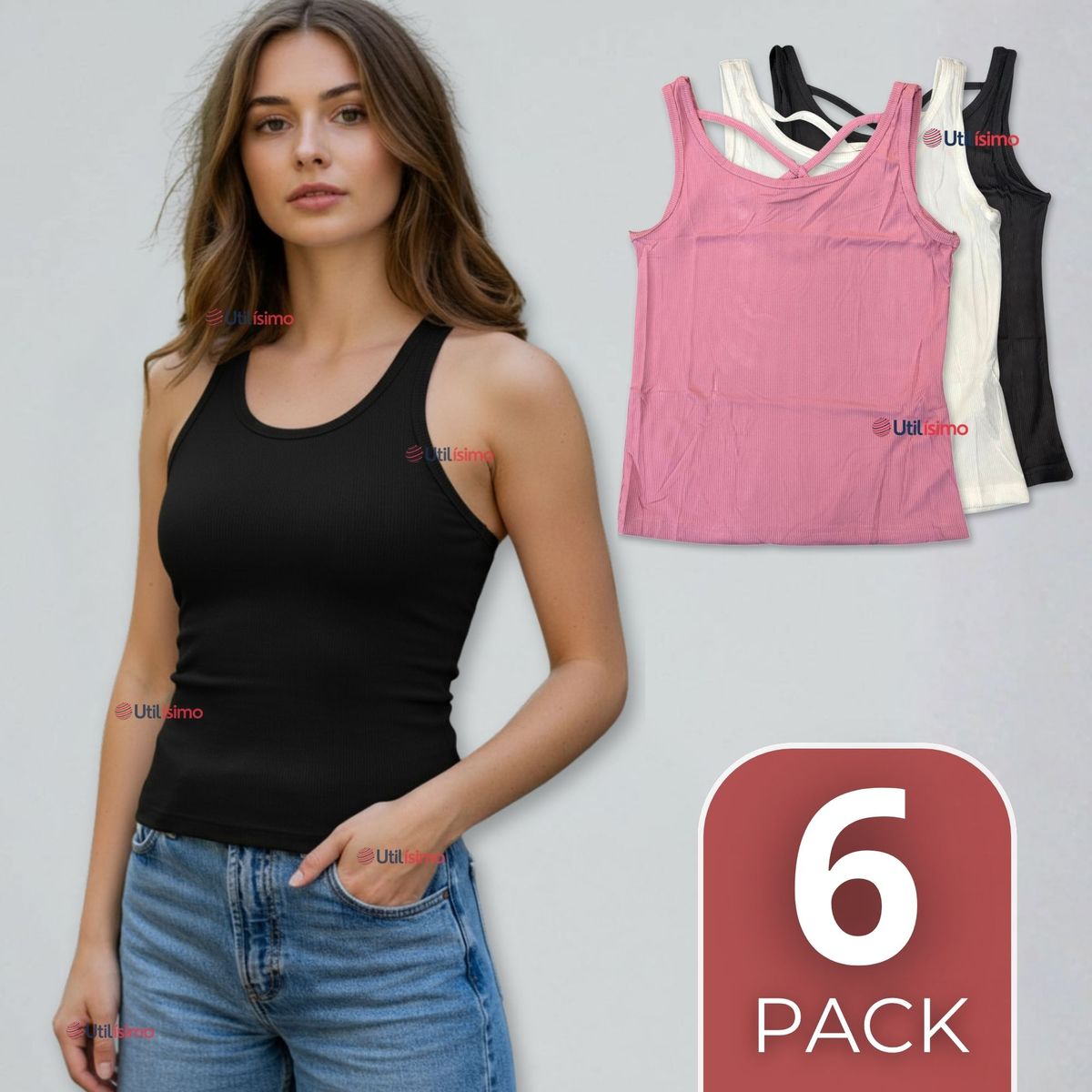 UTILISIMO - Pack 6 Camisetas Poleras 100% Algodón Básicas Lisa Con Espalda Cruzada Mujer Colores Surtidos