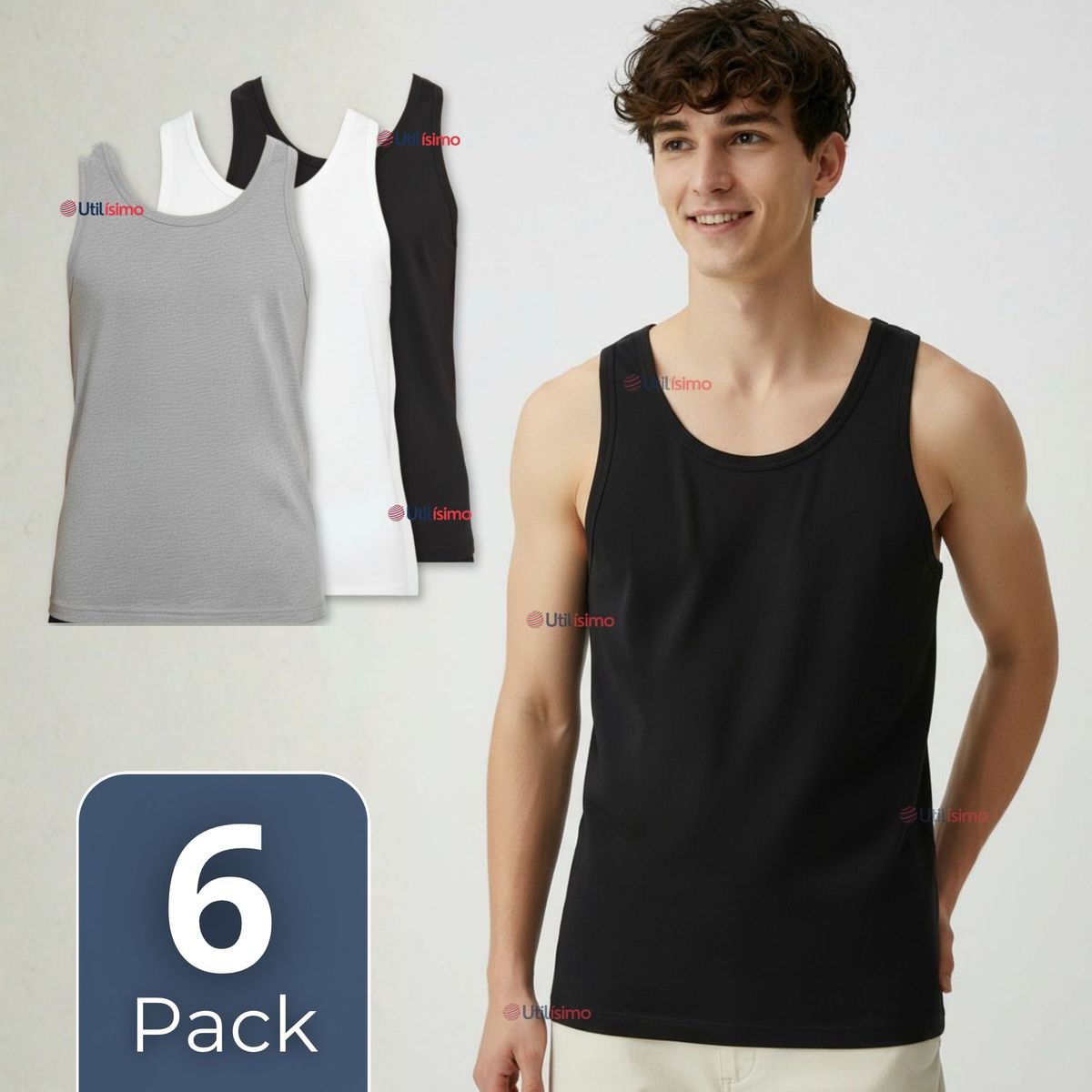 UTILISIMO - Pack 6 Camisetas Sin Manga Básica Suave 100% Algodón Colores Surtidos Hombre