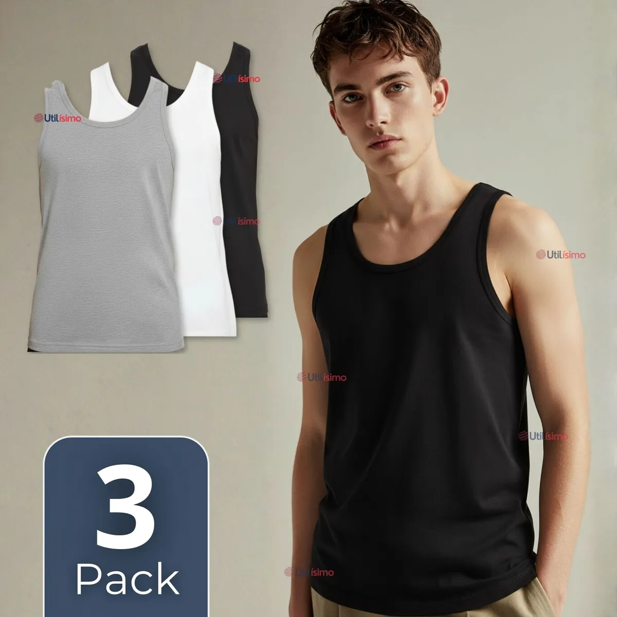 UTILISIMO - Pack 3 Camisetas Sin Manga Básica Suave 100% Algodón Colores Surtidos Hombre